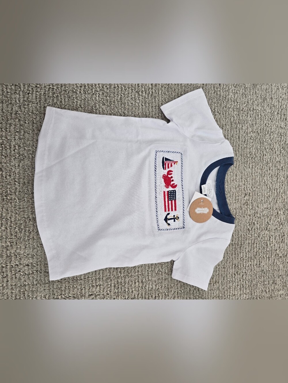 Mud Pie White Tee with Navy Trim and Red Nautical Embroidery